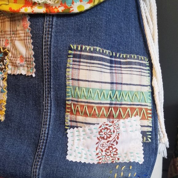 Handmade Denim Purse Macrame Strap Vintage Fabrics - Picture 9 of 10